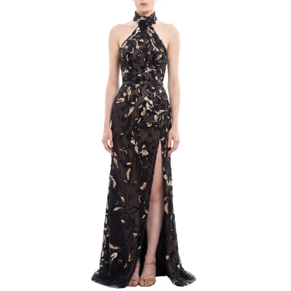 Saiid Kobeisy Halter Neck Embroidered Tulle Dress in Jet Black, view 2