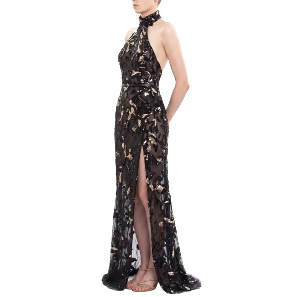 Saiid Kobeisy Halter Neck Embroidered Tulle Dress in Jet Black, view 3