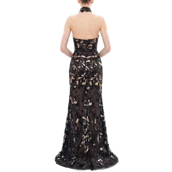 Saiid Kobeisy Halter Neck Embroidered Tulle Dress in Jet Black, view 4