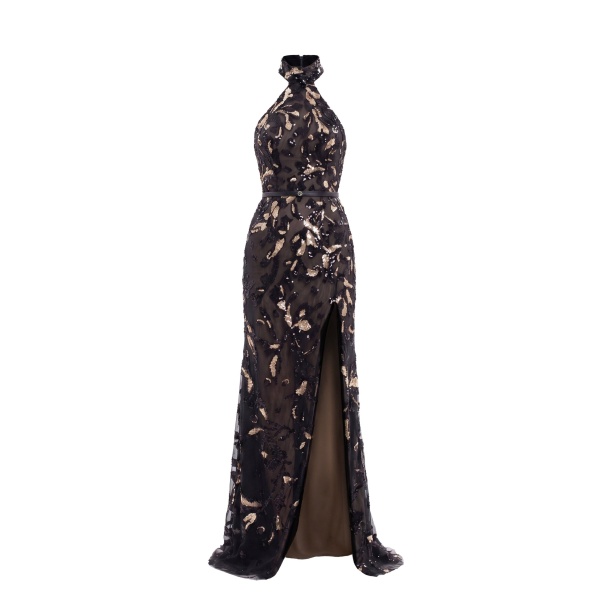 Saiid Kobeisy Halter Neck Embroidered Tulle Dress in Jet Black