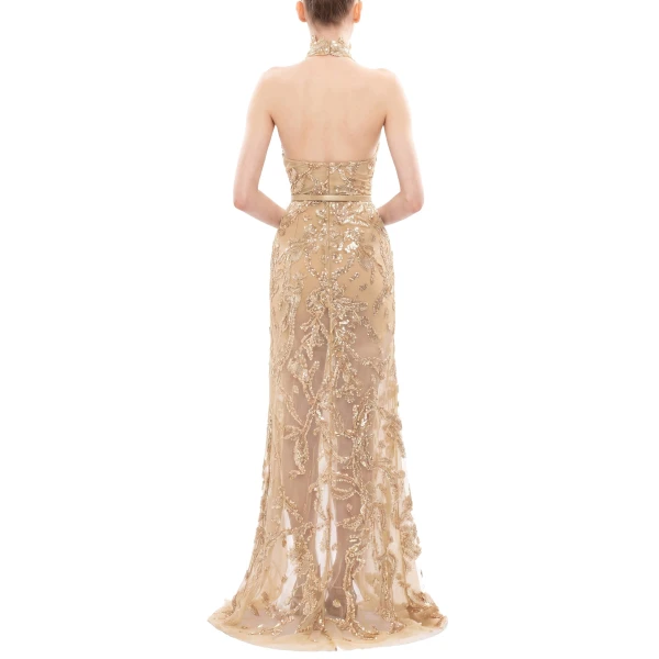 Saiid Kobeisy Halter Neck Embroidered Tulle Dress in Light Gold, view 4
