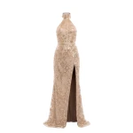Saiid Kobeisy Halter Neck Embroidered Tulle Dress in Light Gold