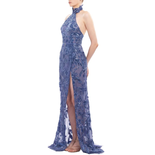 Saiid Kobeisy Halter Neck Embroidered Tulle Dress in Marlin, view 3