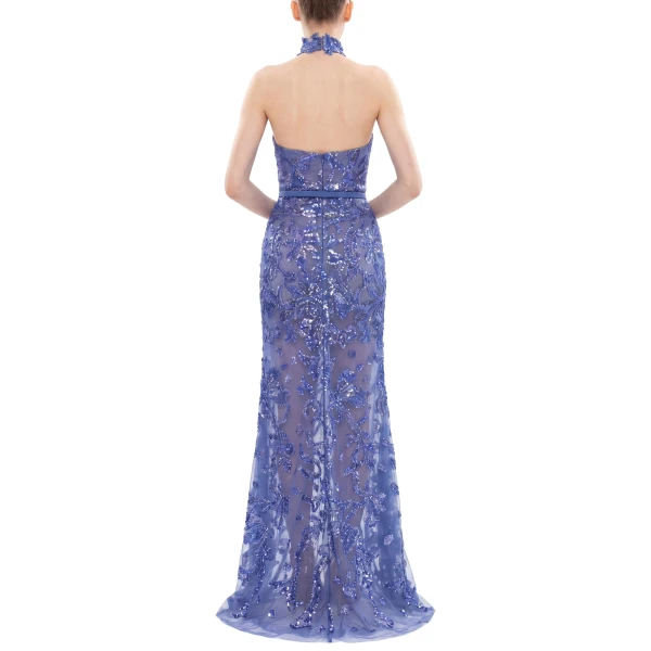 Saiid Kobeisy Halter Neck Embroidered Tulle Dress in Marlin, view 4