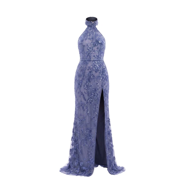 Saiid Kobeisy Halter Neck Embroidered Tulle Dress in Marlin