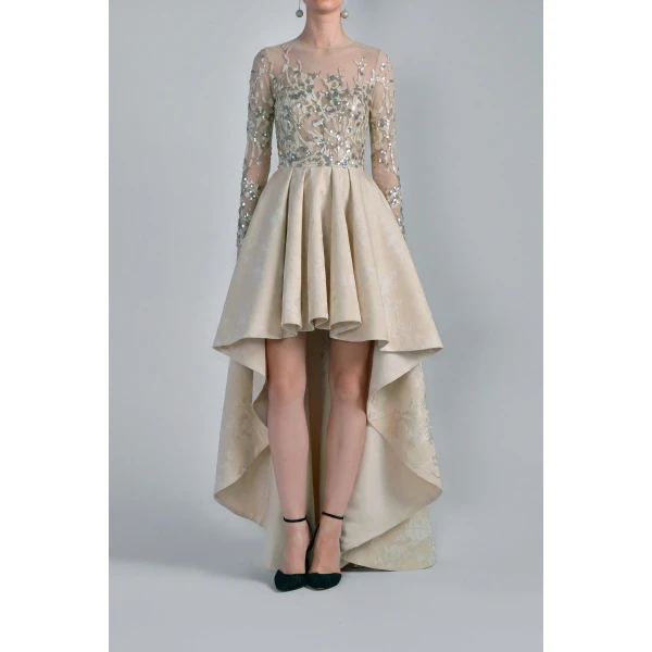 Saiid Kobeisy High-Low Brocade Beaded Dress in Ivory Cream, view 2