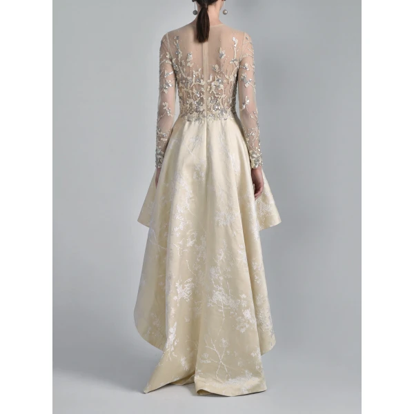 Saiid Kobeisy High-Low Brocade Beaded Dress in Ivory Cream, view 3