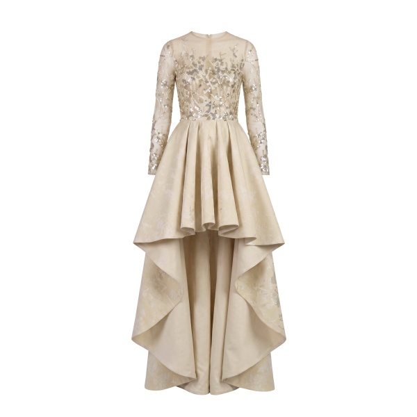 Saiid Kobeisy High-Low Brocade Beaded Dress in Ivory Cream