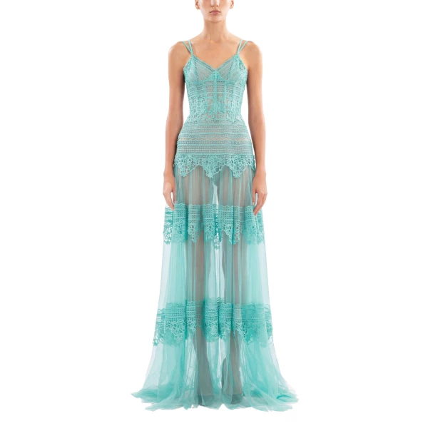 Saiid Kobeisy Lace Long Dress in Aqua Sky, Style 34, view 2