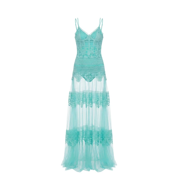 Lace Long Dress in Aqua Sky, Style 34
