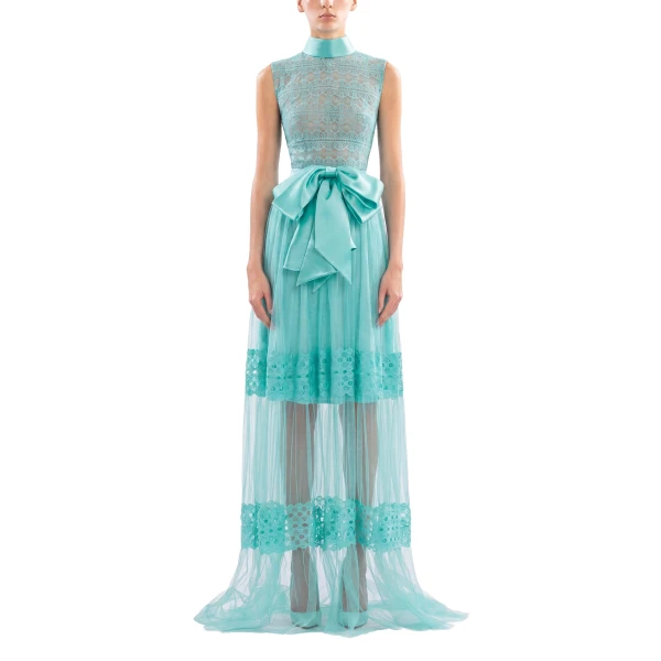 Saiid Kobeisy Lace Long Dress in Aqua Sky, Style 35, view 2