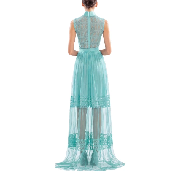 Saiid Kobeisy Lace Long Dress in Aqua Sky, Style 35, view 3
