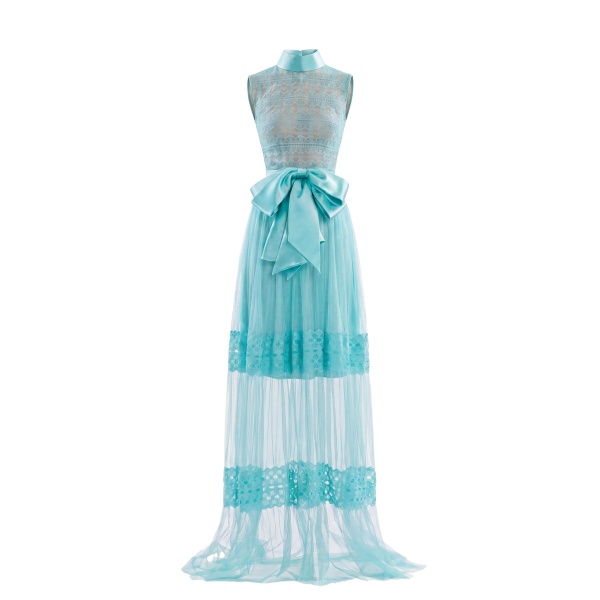 Saiid Kobeisy Lace Long Dress in Aqua Sky, Style 35