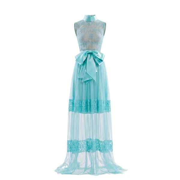 Saiid Kobeisy Lace Long Dress in Aqua Sky, Style 35