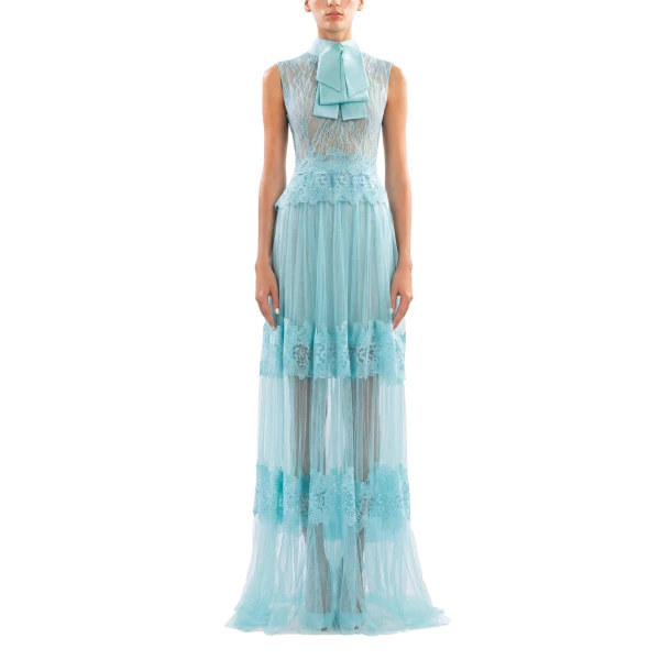 Saiid Kobeisy Lace Long Dress in Aqua Sky, Style 36, view 2