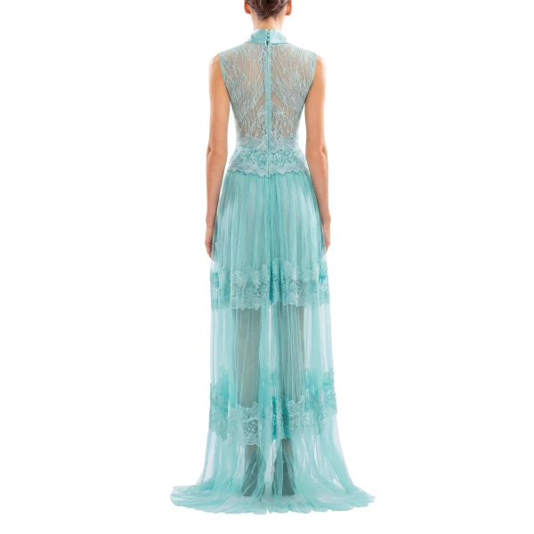 Saiid Kobeisy Lace Long Dress in Aqua Sky, Style 36, view 3