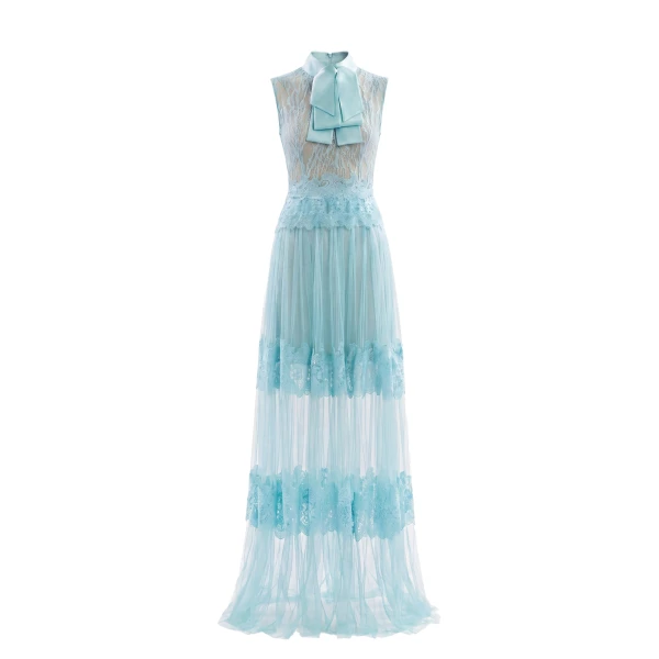 Saiid Kobeisy Lace Long Dress in Aqua Sky, Style 36