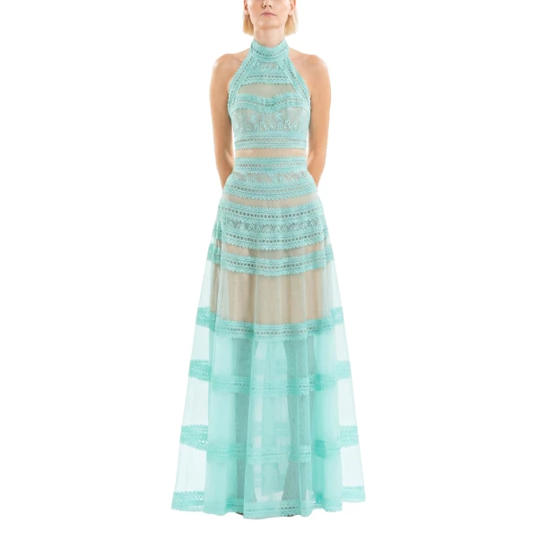 Saiid Kobeisy Lace Striped Long Dress in Aqua Sky, view 2