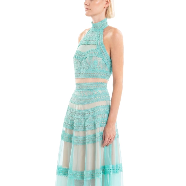 Saiid Kobeisy Lace Striped Long Dress in Aqua Sky, view 4