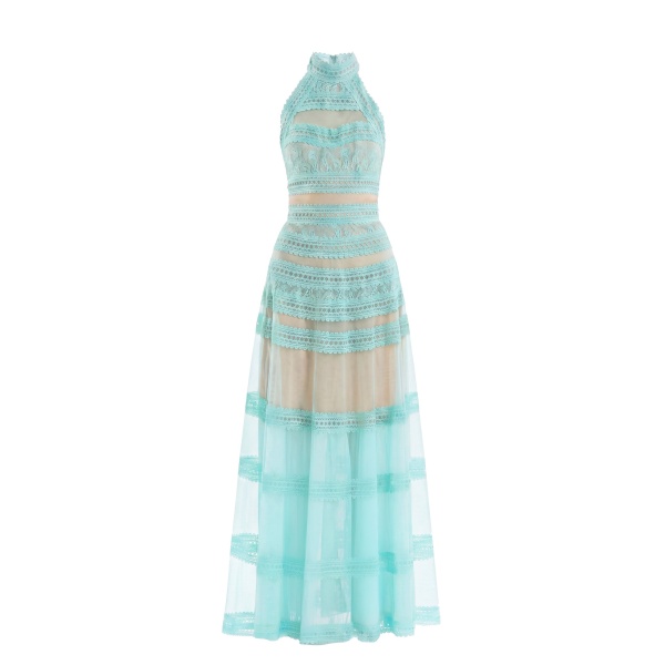 Saiid Kobeisy Lace Striped Long Dress in Aqua Sky