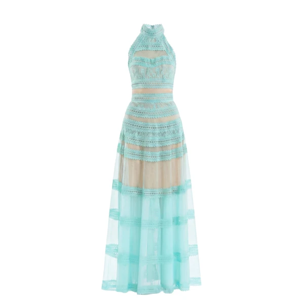 Saiid Kobeisy Lace Striped Long Dress in Aqua Sky