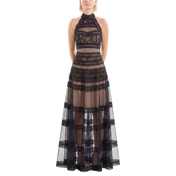 Saiid Kobeisy Lace Striped Long Dress in Jet Black, view 2