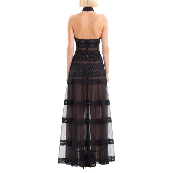 Saiid Kobeisy Lace Striped Long Dress in Jet Black, view 3