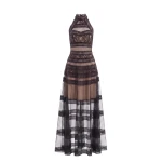 Saiid Kobeisy Lace Striped Long Dress in Jet Black