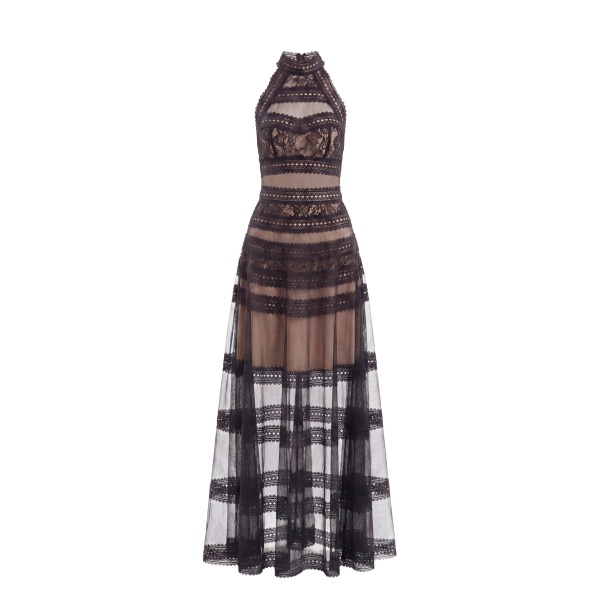 Saiid Kobeisy Lace Striped Long Dress in Jet Black
