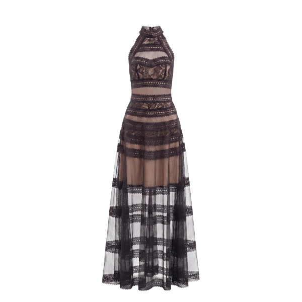 Saiid Kobeisy Lace Striped Long Dress in Jet Black