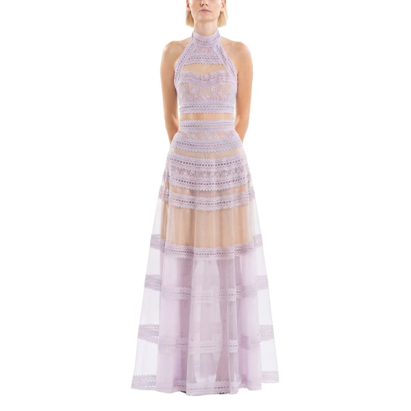 Saiid Kobeisy Lace Striped Long Dress in Lavender, view 2