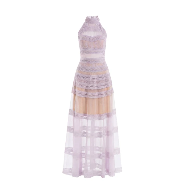 Lace Striped Long Dress in Lavender