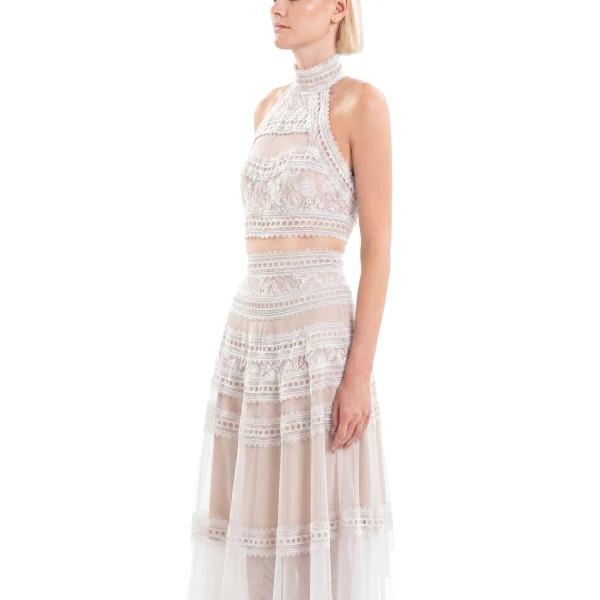Saiid Kobeisy Lace Striped Long Dress in Off White, view 4