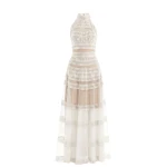 Saiid Kobeisy Lace Striped Long Dress in Off White