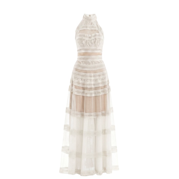 Saiid Kobeisy Lace Striped Long Dress in Off White