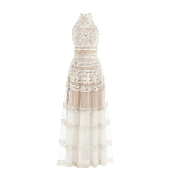 Saiid Kobeisy Lace Striped Long Dress in Off White