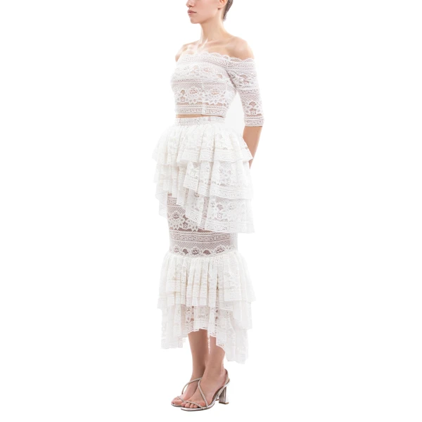 Saiid Kobeisy Lace Top with Ruffled Skirt in Off White, view 4