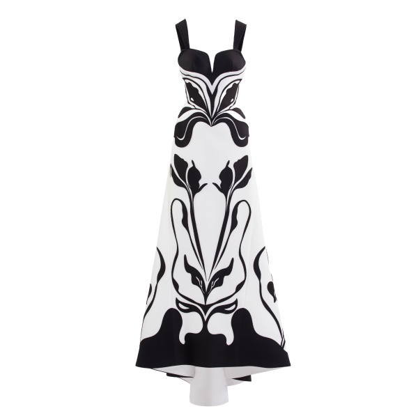 Saiid Kobeisy Laser Cut Scuba Dress in Off White and Jet Black