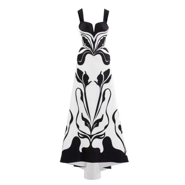 Saiid Kobeisy Laser Cut Scuba Dress in Off White and Jet Black