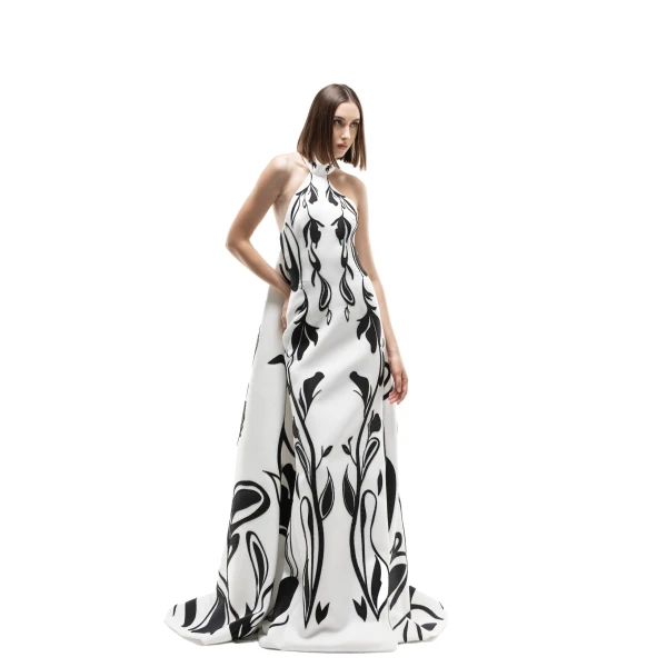 Saiid Kobeisy Laser Cut Scuba Halter Neck Dress in Off White and Jet Black, view 2