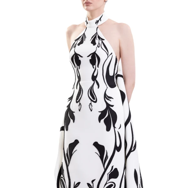 Saiid Kobeisy Laser Cut Scuba Halter Neck Dress in Off White and Jet Black, view 4
