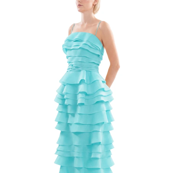 Saiid Kobeisy Layered Organza Long Dress in Aqua Sky, view 4