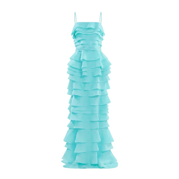 Saiid Kobeisy Layered Organza Long Dress in Aqua Sky