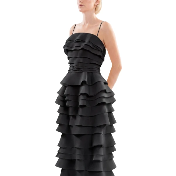 Saiid Kobeisy Layered Organza Long Dress in Jet Black, view 4