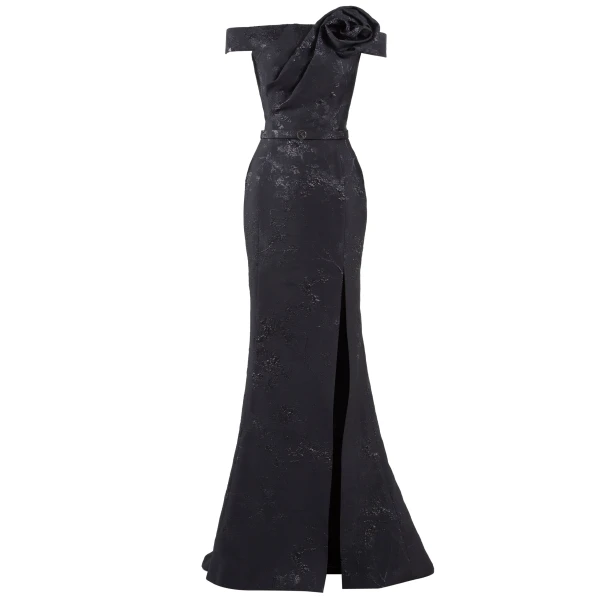 Saiid Kobeisy Long Brocade Dress with a Thin Belt in Jet Black, view 2