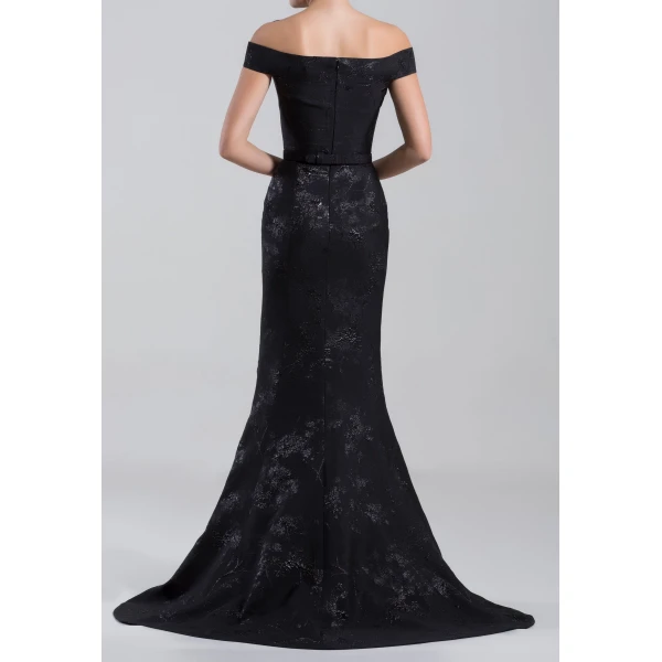 Saiid Kobeisy Long Brocade Dress with a Thin Belt in Jet Black, view 4