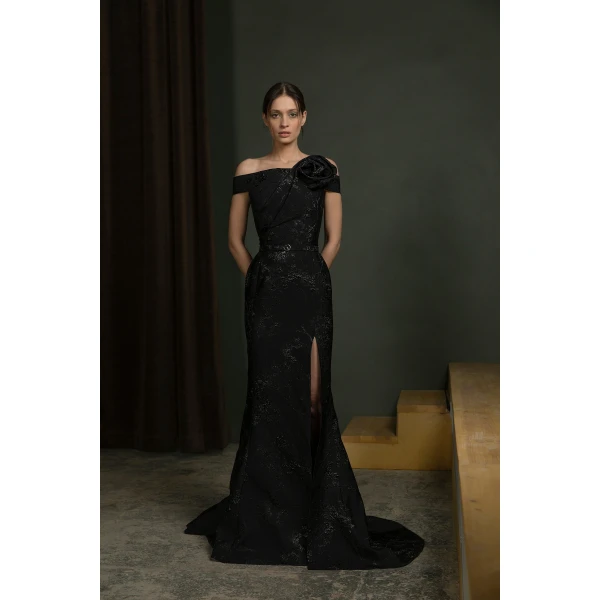 Saiid Kobeisy Long Brocade Dress with a Thin Belt in Jet Black, view 5