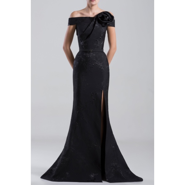 Saiid Kobeisy Long Brocade Dress with a Thin Belt in Jet Black