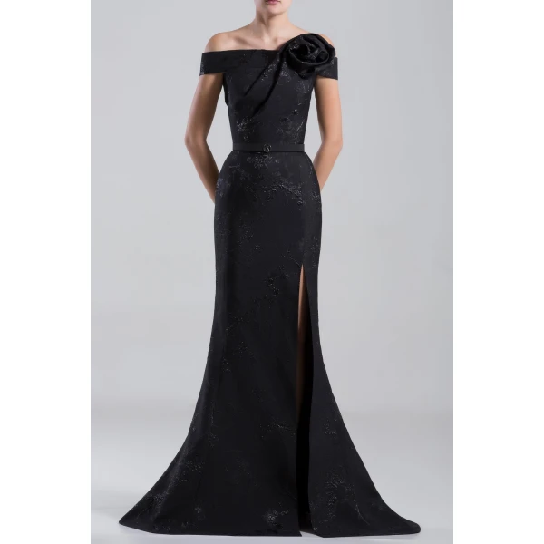 Saiid Kobeisy Long Brocade Dress with a Thin Belt in Jet Black