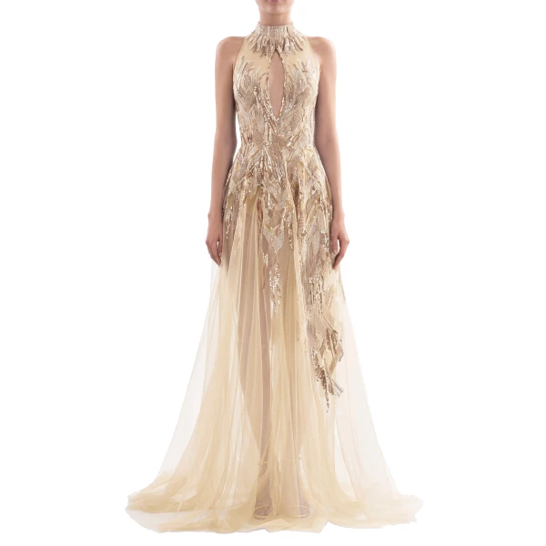 Saiid Kobeisy Long Embroidered Dress in Skin and Gold, view 2